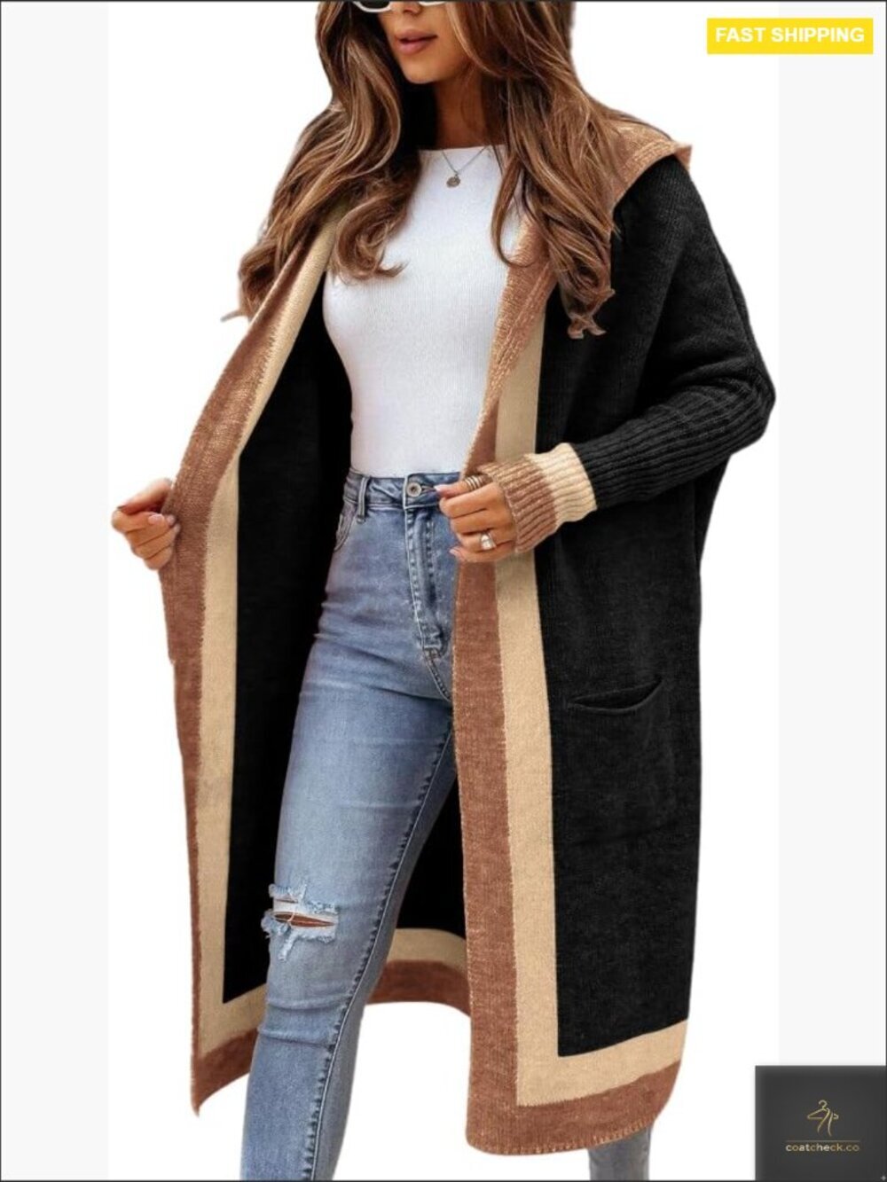 Color Block Vertical Striped Open Front Oversized Hooded Long Cardigan Sweater